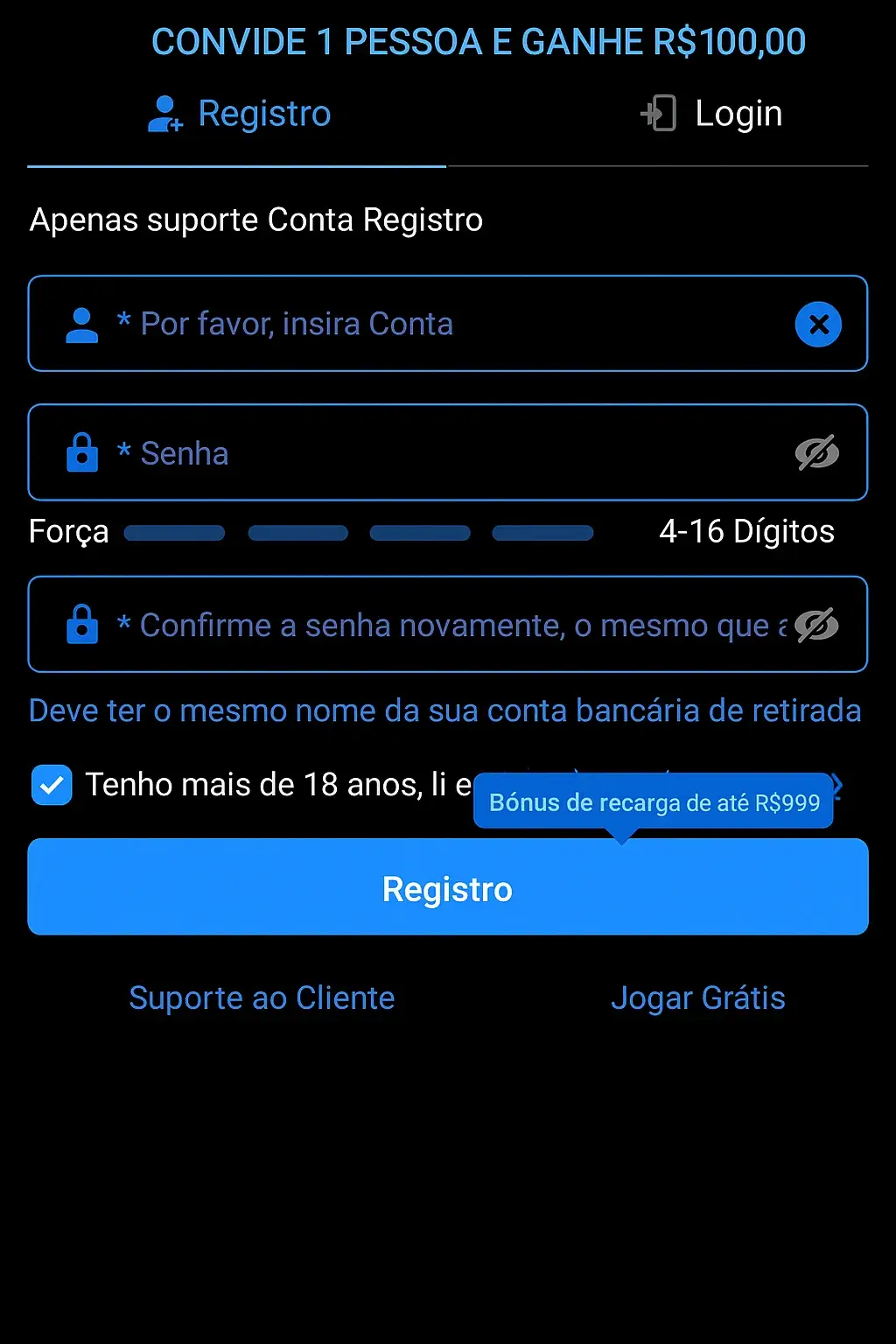 Formulário de cadastro no site oficial do 90WIN cassino