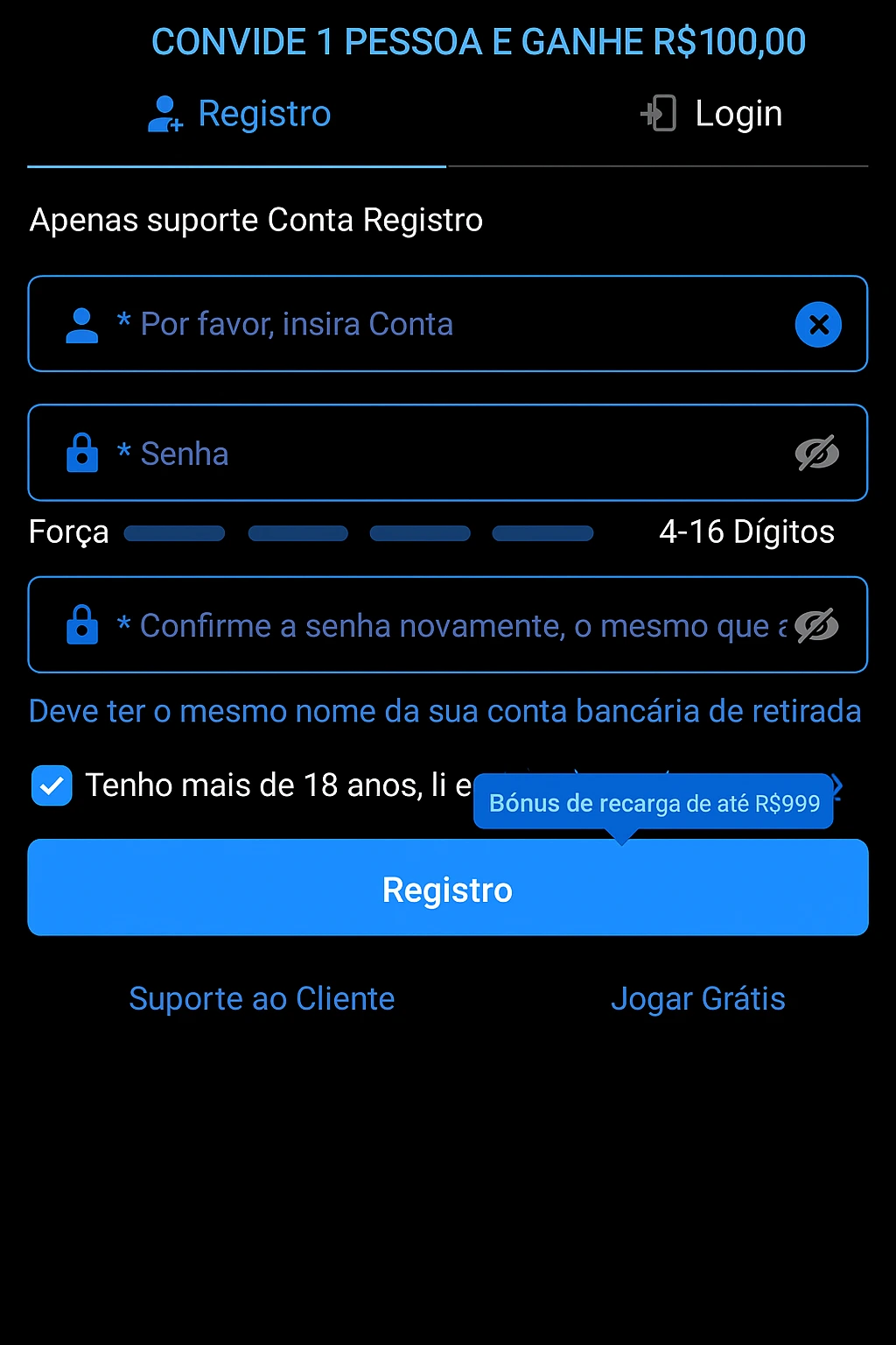 Tela de cadastro do 90WIN cassino